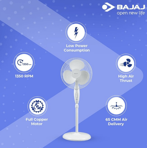 Bajaj Esteem 400 MM Oscillating Pedestal Fan for Home|Stand Fan with Tilt Mechanism|Voltage Protection|100% CopperMotor|HighAir Delivery|3-Speed Control|Telescopic Arrangement|2-Yr Warranty 【White】 - Image 3